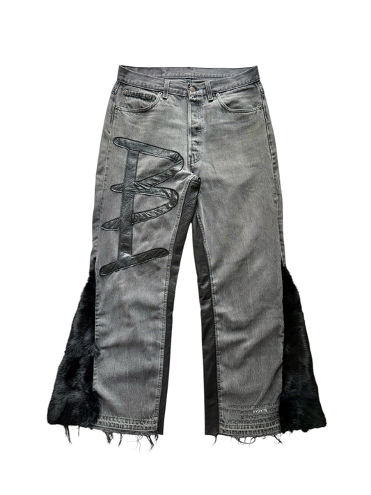 Denim Leather Black Faux Fur