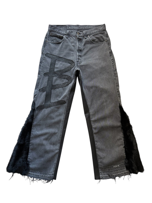 Denim Leather Black Faux Fur