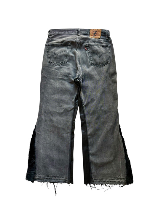 Denim Leather Black Faux Fur
